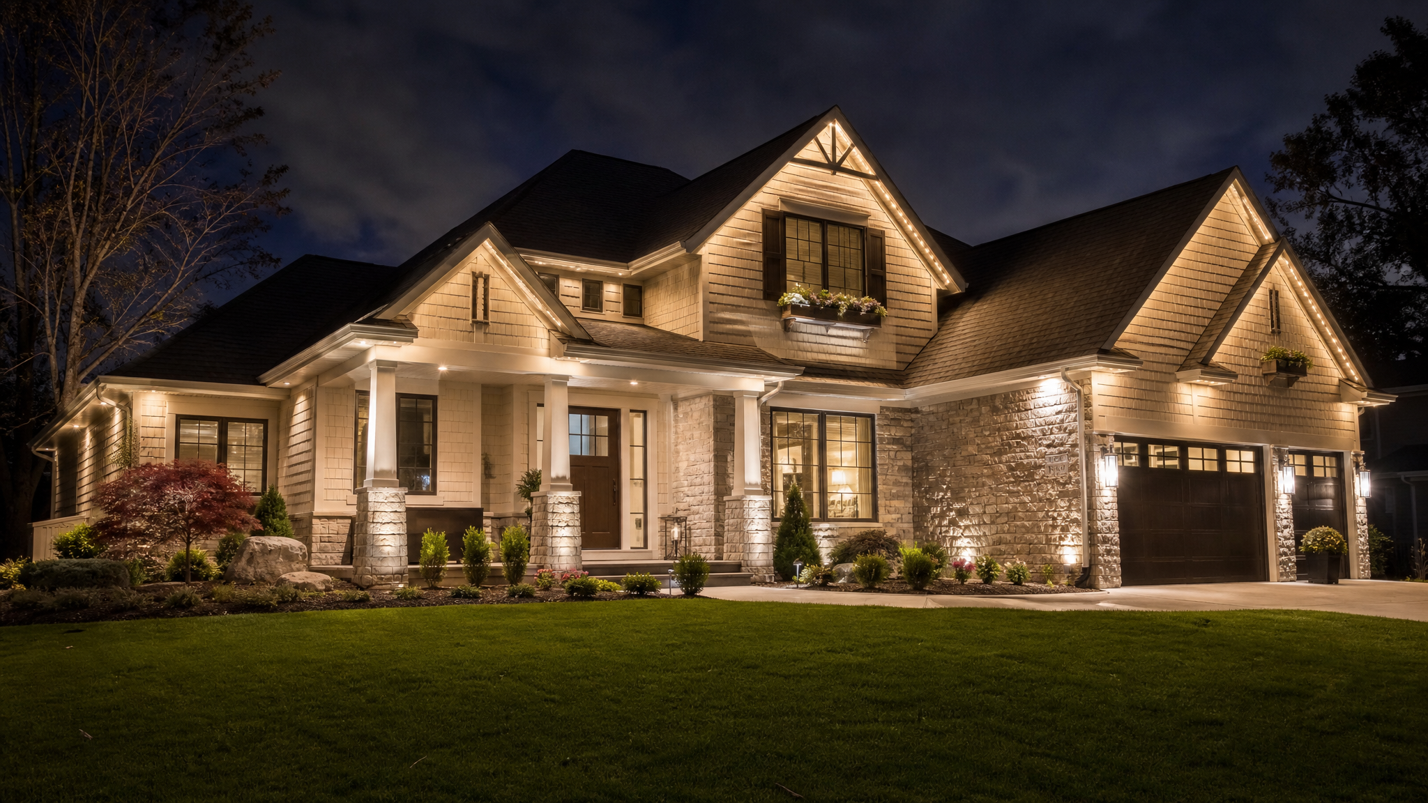 Michigan commercial property with year-round architectural lighting