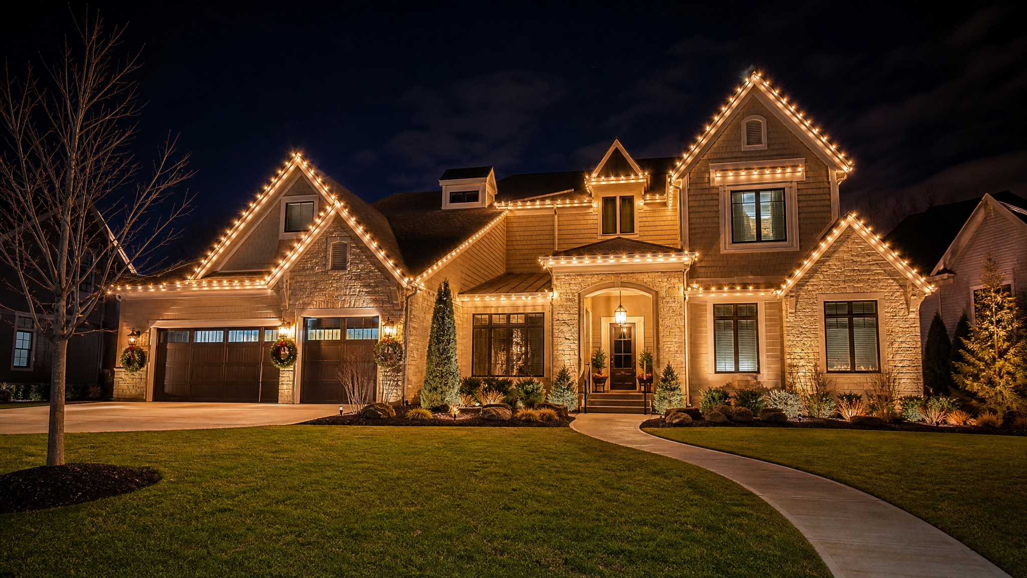 Northeast Ohio commercial campus with permanent outdoor lighting