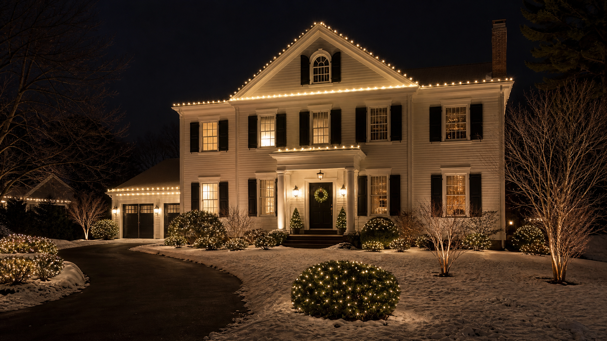 New England retail district with warm-white holiday lighting