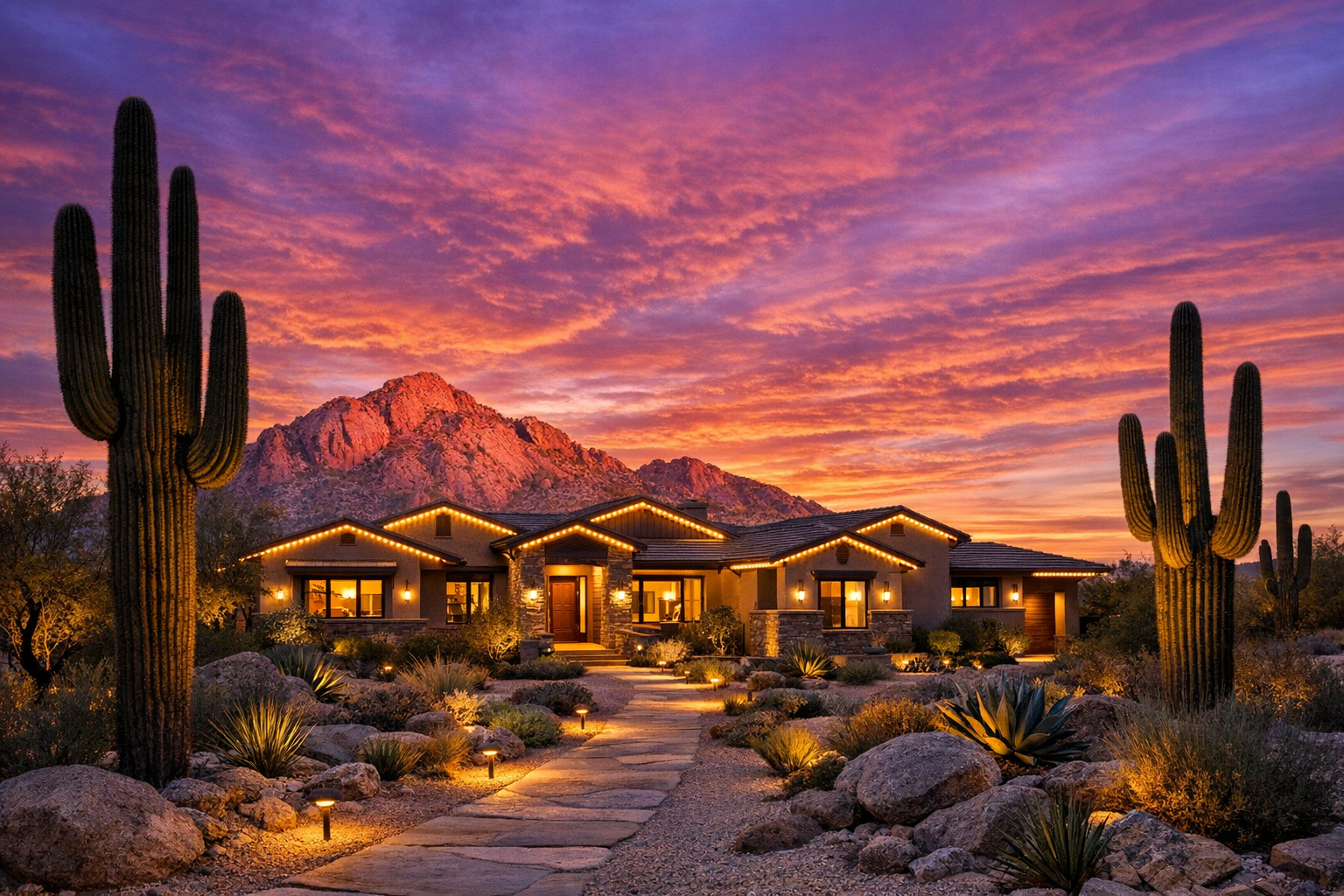 Phoenix commercial property with architectural facade lighting at dusk